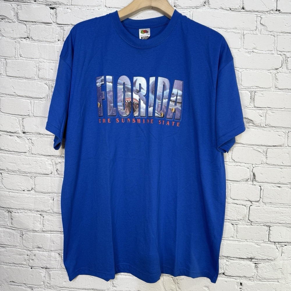 Vintage‎ Florida T-Shirt 2XL Shark Puff Print Blue Short Sleeve Early 2000s